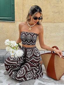 SHEIN Frenchy Women's Retro Contrast Color Fitted Tube Top And Loose Pants 2 Pieces Set - Brown - View 4