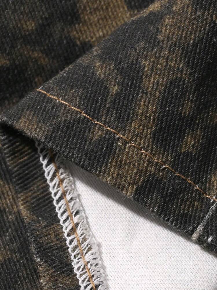 Spring Summer Hot Girl Retro Brown Washed Leopard Print All-Over Print Casual Vacation Style Street Beach Straight Leg Casual Pants Women's Denim Shorts