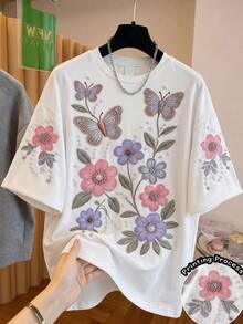 Áo kiểu vintage thường ngày cho bé gái, họa tiết hoa, thêu giả đính cườm, in hình hoa và bướm, cổ tròn, tay ngắn, thích hợp cho các hoạt động ngoài trời mùa hè, kiểu dáng đồng quê với họa tiết thực vật và bướm. - Nhiều màu - Xem 3