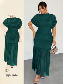 Firerie Plus Size Women's Elegant Dark Green Autumn Wedding Guest Dress,Delicate Sheer Mesh 2 In 1 Charming Extra Long Maxi Party Dress - Green - View 1
