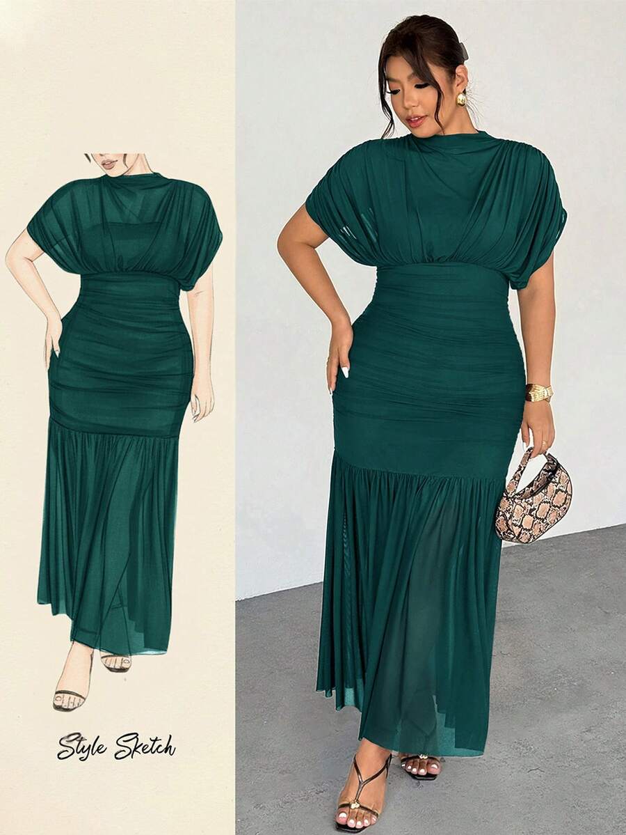 Firerie Plus Size Women's Elegant Dark Green Autumn Wedding Guest Dress,Delicate Sheer Mesh 2 In 1 Charming Extra Long Maxi Party Dress - Green - View 1