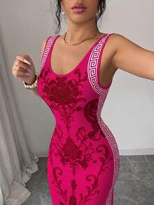 SHEIN Elenzya Exquisite Printed Chinoiserie Waist-Cinching Slit Luxurious Retro Middle Eastern UAE Style Robe, Tight Fit, Multi-Color, Sleeveless - Hot Pink - View 3