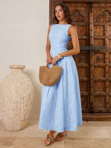 Enchnt Women's Elegant Romantic Ruched Waist Embroidered Dress, Suitable For Parties Vacation And Gatherings Baby Blue Summer - Baby Blue - View 5