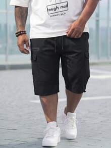 Manfinity Homme 大码男士休闲时尚街头风日常通勤纯色翻盖口袋工装短裤，夏季男士休闲短裤街头风男士短裤男士抽绳短裤 - 黑色 - 查看 3