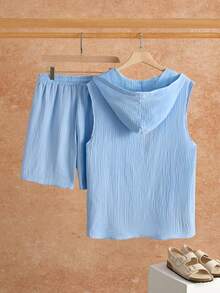 VENTUSAIL Bộ đồ nam mùa hè kiểu dáng thường ngày, áo khoác có mũ và quần short, chất liệu vải dệt họa tiết, có dây rút. - Màu xanh lam - Xem 4