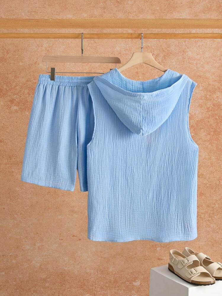 VENTUSAIL Bộ đồ nam mùa hè kiểu dáng thường ngày, áo khoác có mũ và quần short, chất liệu vải dệt họa tiết, có dây rút. - Màu xanh lam - Xem 4