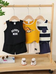 SHEIN 6件套男婴夏季休闲条纹小熊图案背心上衣和短裤套装，3件套背心，基础多件套，条纹套装，可爱套装，夏季套装，婴儿服装 - 彩色 - 查看 4