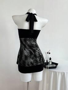 Elamini Vestido de mujer sin tirantes con bloque de color y estampado de leopardo fruncido - Gris Oscuro - Ver 2