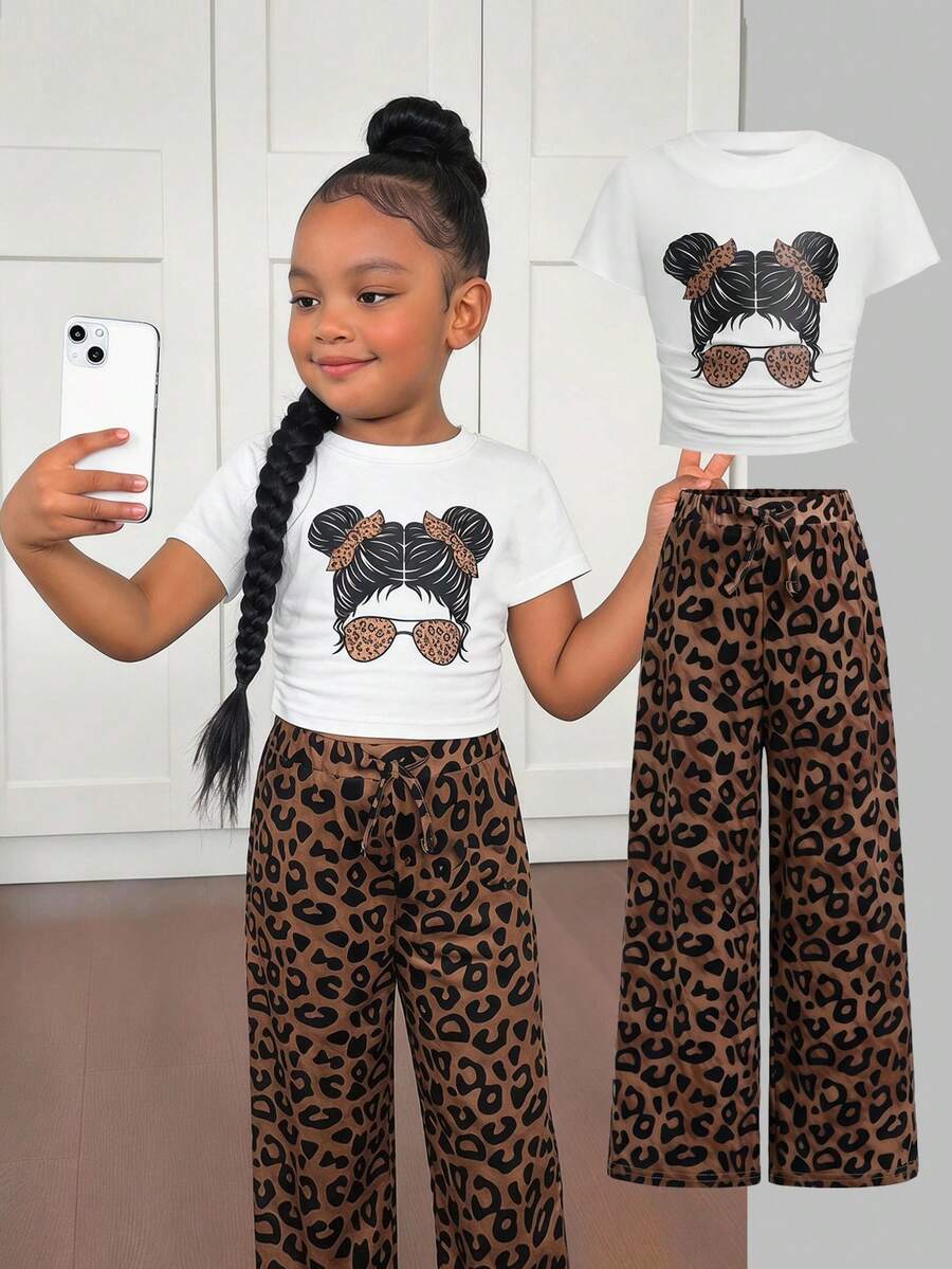Young Girl Casual Vacation Printed Knit Ruched Short Sleeve Top And Matching Leopard Print Pants Set,Girls Spring/Summer - Multicolor - View 1