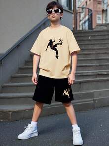 SHEIN 青少年男孩宽松街头风短袖短裤套装，适合生日派对、晚宴、演出、婚礼、洗礼、开幕式等场合，日常穿着舒适，适合上学、旅行、运动，也是春夏穿搭的理想之选。 - 卡其色 - 查看 7