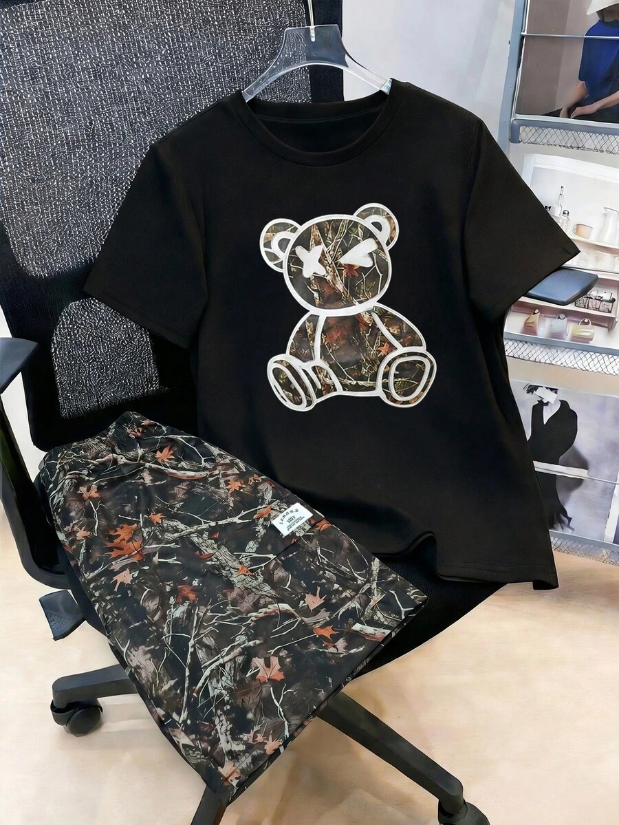 2件套青少年男童休闲迷彩印花圆领口袋时尚通勤套装,夏季 - 彩色 - 查看 1