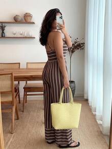 Enliva Damen-Jumpsuit in großen Größen mit Trägern, braun gestreift, rötlich-braun, französischer Retro-Stil, quadratischer Ausschnitt, elegant, Boho, für Sommerurlaub, Feiertage und formelle Anlässe - Braun - Übersicht 4
