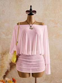 Bonvoyette Women's Sexy Sheer Batwing Sleeve Loose Beach Vacation Dress, Suitable For Spring, Summer And Autumn - Baby Pink - View 3