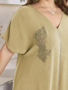 Al Najma Vestido largo de manga corta de unicolor, talla grande, estilo turco y árabe para mujeres - Caqui - Ver 7