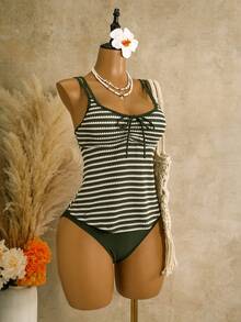 Swim Lushoire Women's Slimming Swimwear Set, Flattering Spa Beach Resort Green Striped Olive Green Summer Casual - Green - View 6