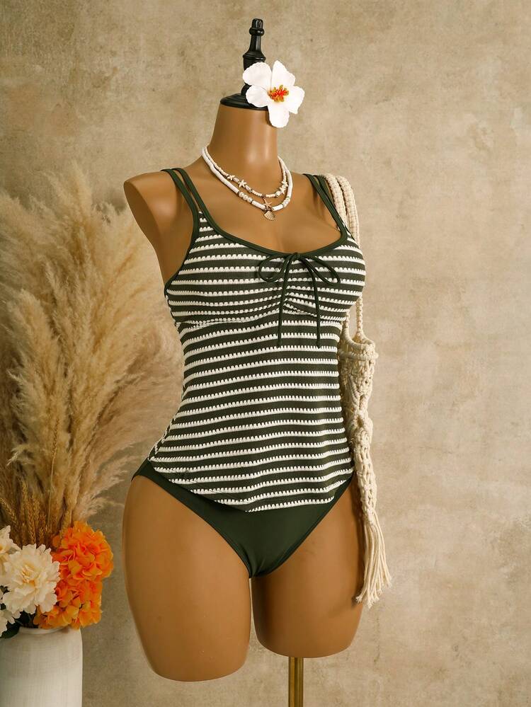 Swim Lushoire 女款修身泳衣套裝，顯瘦水療度假泳裝 - 綠色 - 查看 6