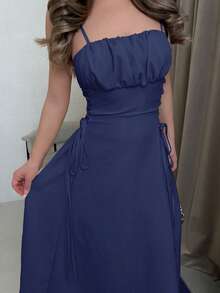 Vestido de mujer con tirantes en X de un solo color - Verde militar - Ver 3