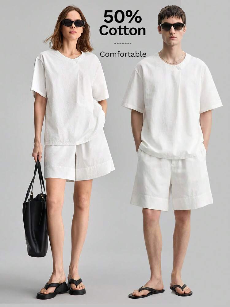 2026SS Summer Women's Loose Fit Solid White Shorts,Minimalist Elegant City Break Pleated Design Elastic Waist Casual Shorts,Cotton Fashion Old Money