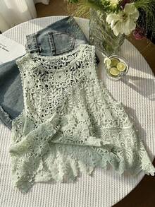 SHEIN EZwear 大码橄榄绿纯色圆领夏季针织背心，女士，春夏款 - 橄欖綠 - 查看 7