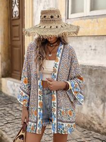 Brillora Women's Floral Print Kimono Cardigan, Suitable For Beach Travel Bathing Suits For Women - Beige - View 1