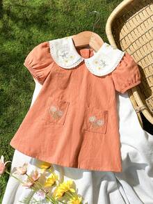 Vintaside Kids 新生女嬰花卉刺繡洋裝，鄉村風時尚優雅百搭可愛，春夏款柔軟面料 - 卡其色 - View 5
