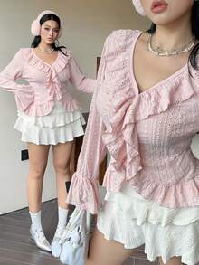 Flirla Plus Size Elegant French Style Ruffled Flared Sleeve Blouse Women Shirt Fall Cloth For Women - Pink - View 1