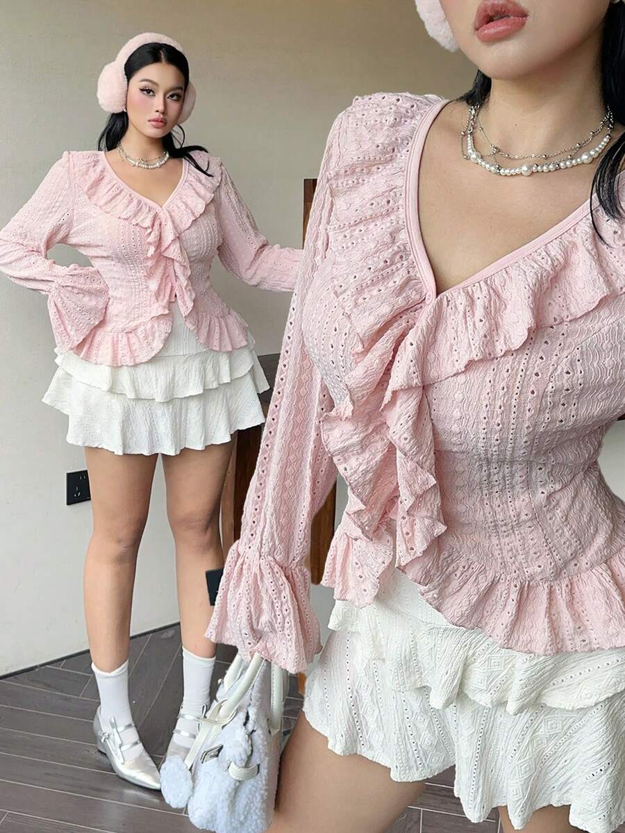 Flirla Plus Size Elegant French Style Ruffled Flared Sleeve Blouse Women Shirt Fall Cloth For Women - Pink - View 1