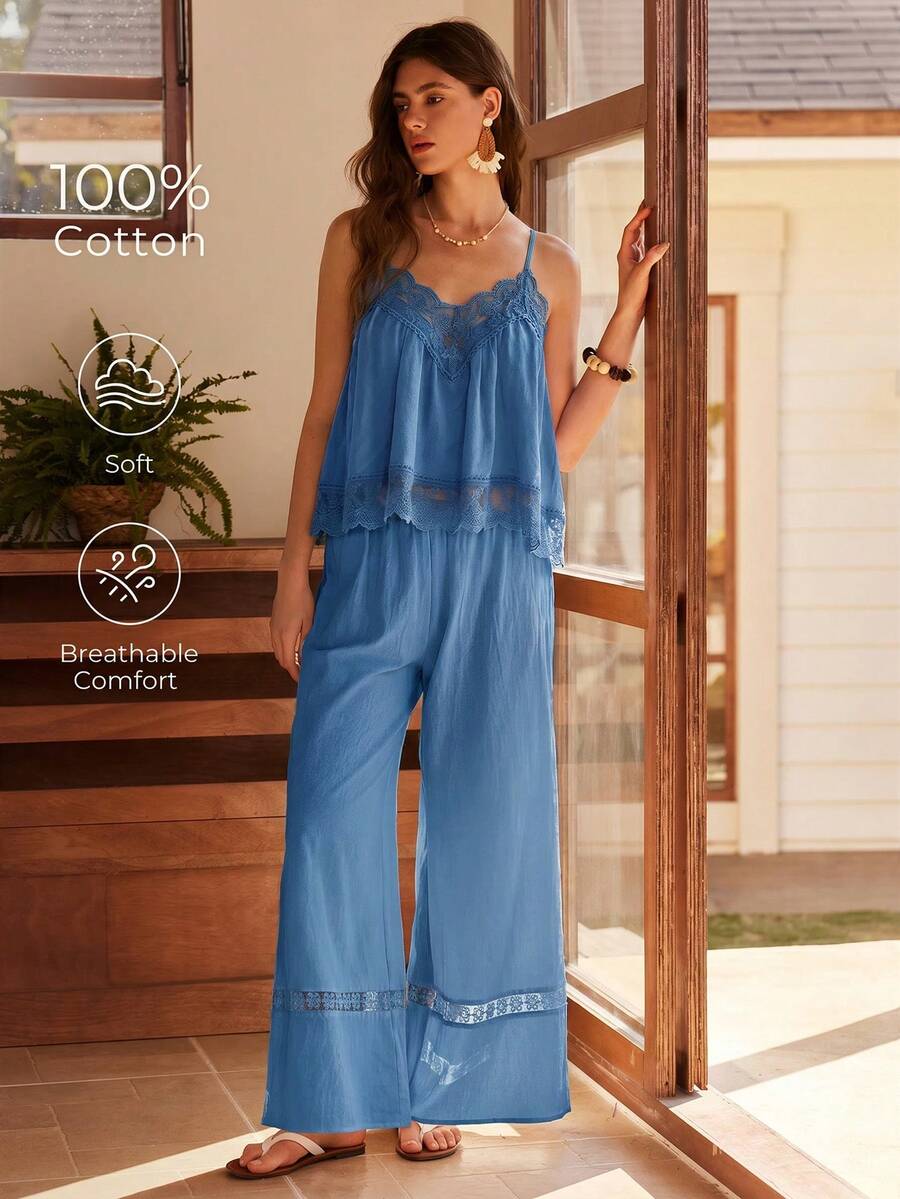 Lullawish 波希米亞風細肩帶100%純棉女款睡衣套裝 - 藍色 - 查看 1