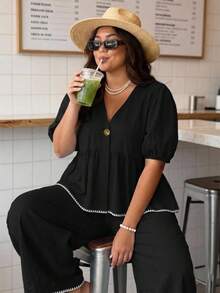 Enliva Plus Size Women Summer Casual V-Neck Top & Pants 2 Pieces Set - Multicolor - View 8