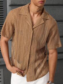 Manfinity Homme Men's Camel Summer Tropical Vacation Textured Waffle Knit Short Sleeve Button Down Shirt,Retro Cuban Collar Casual Fashion Versatile Outdoor Top - Brown - View 4