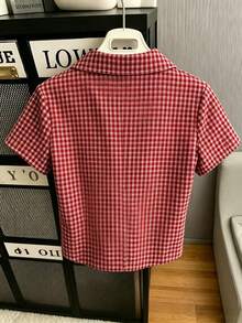 Women's Retro Plaid Zip-Up Short Sleeve Top, Summer - Light Grey - View 2