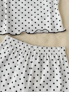 SHEIN 女童兒童 [隨機6件發2件] 波點圖案休閒極簡主義細肩帶上衣與短褲套裝 緊身居家服 夏季適用 - 白色 - 查看 3