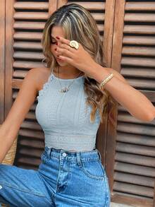 SHEIN Frenchy Ladies' Lace Splice Halter Off Shoulder Top Neck Tank Top,Summer Top - Baby Blue - View 6