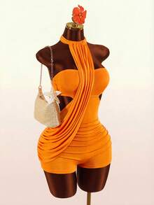 Amplova Bộ jumpsuit nữ gợi cảm hở lưng, không dây vai, thích hợp mặc đi nghỉ mát. - trái cam - Xem 1