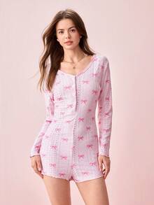 Bonmuse 1件女款V領蝴蝶印花連身褲夏季居家休閒服 - 粉色 - 查看 5