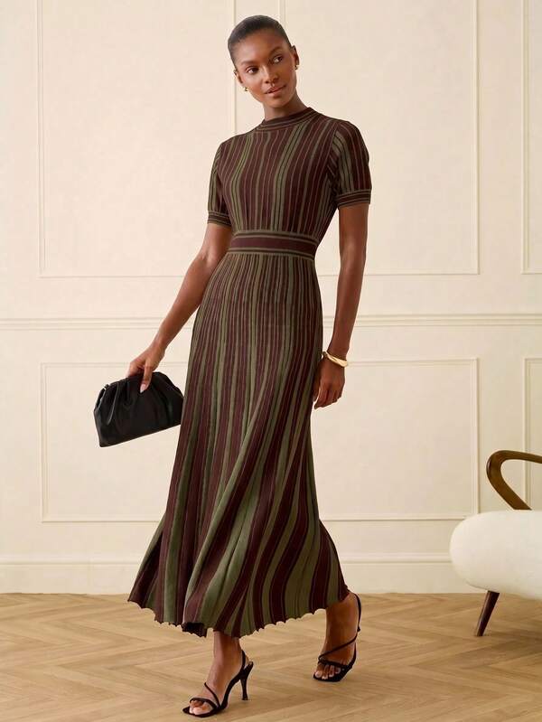 Lilora Women's Multicolor Striped Short Sleeve Sweater Dress Elegant Pleated Maxi Dress