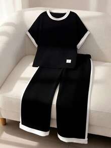 Tween Girls Casual All-Match Versatile Daily Wear Black & White Contrast Trim Round Neck Raglan Sleeve T-Shirt + Straight Leg Knit Pants Set - Black - View 3