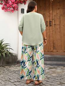 EMERY ROSE Plus Size Notched Neck Short Sleeve Casual Loose Summer Versatile 2 Pieces Set - Green - View 2