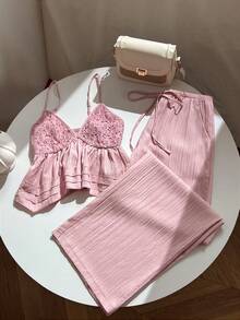 Elamini Damen Set: Trägershirt, strukturierte Patchwork-Optik, gerade Hose mit Kordelzug und Taschen - Pink - Übersicht 1