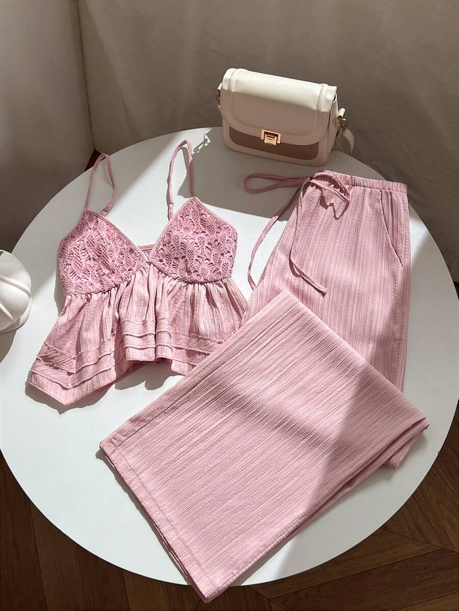 Elamini Damen Set: Trägershirt, strukturierte Patchwork-Optik, gerade Hose mit Kordelzug und Taschen - Pink - Übersicht 1