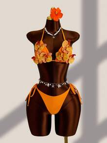 Zestiva Women's Tropical Mesh Ruffled Mini Skirt Bikini Swimwear Set, Suitable For Beach Tropical Vacation, Holiday In Spring And Summer Orange - Multicolor - View 9