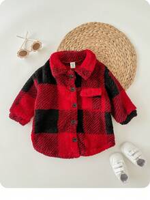 SHEIN Babygirl 毛绒格纹中长款夹克，百搭秋冬 - 彩色 - 查看 5