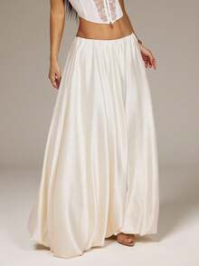 SHEIN PETITE Chân váy chữ A đơn giản xếp ly bằng vải satin màu be dành cho nữ. - Màu be - Xem 4