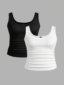 Slaydiva 3 pièces/set Débardeurs côtelés à col V profond sans manches de base décontractés noir + blanc pour femmes - Noir et Blanc - Voir 2