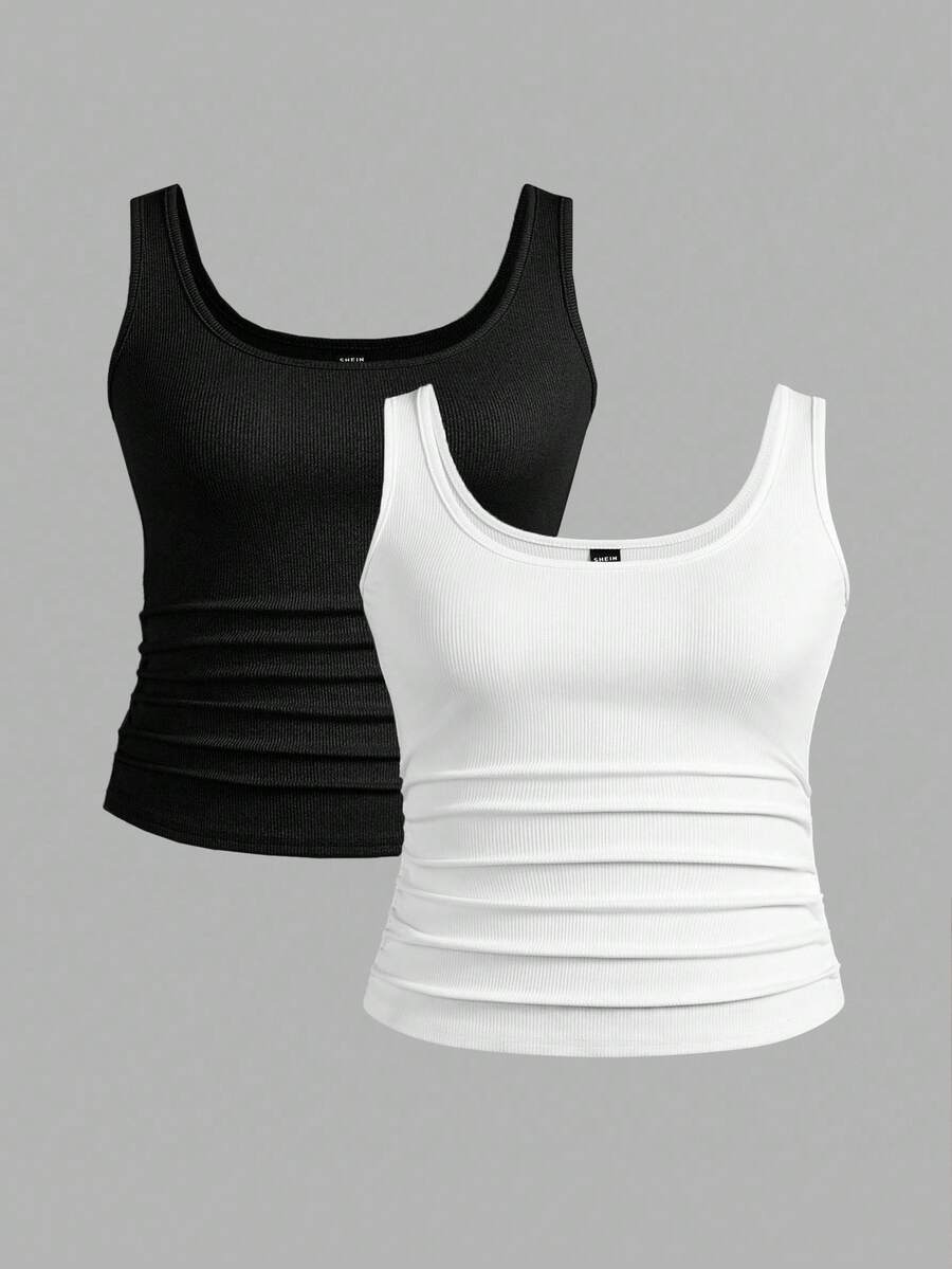 Slaydiva 2pack /Set Black + White Casual Basic Racerback Sleeveless Deep V-Neck Ribbed Tank Tops For Women - Black and White - View 1