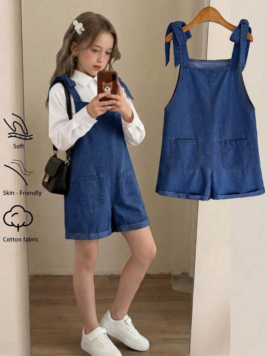 SHEIN 青少年女孩藍色牛仔寬鬆吊帶短褲 - 深色水洗藍 - 查看 1