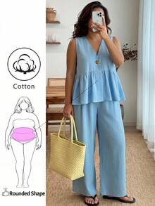 Enliva Bộ hai món áo camisole viền bèo cho nữ size lớn, áo cardigan cổ chữ V phối quần cạp chun, trang phục hai món mùa hè cho nữ, đồ mặc thường ngày đi du lịch cho nữ, phù hợp cho vóc dáng size lớn, dáng người quả táo và tròn - Màu xanh lam - Xem 1