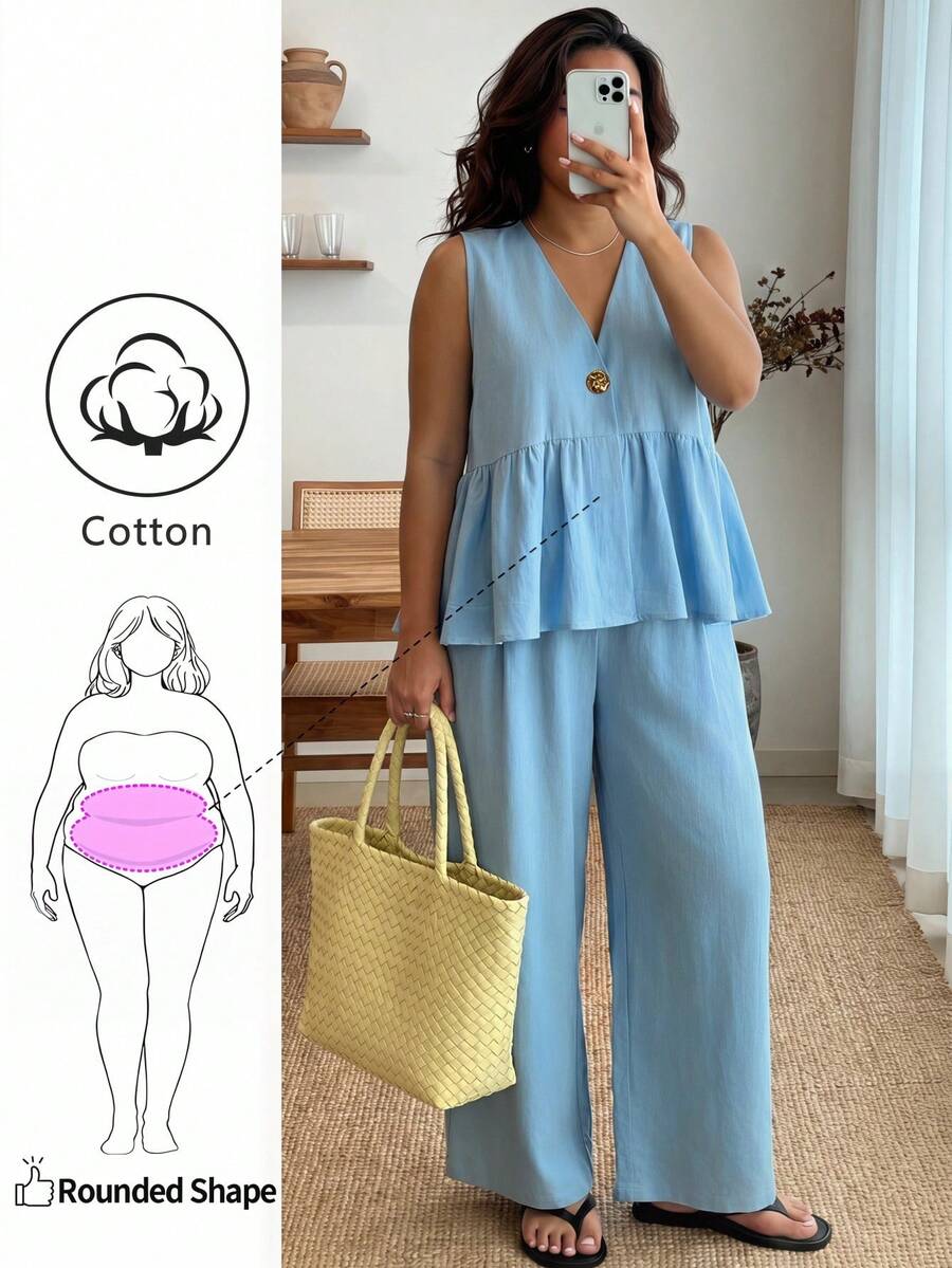 Enliva Bộ hai món áo camisole viền bèo cho nữ size lớn, áo cardigan cổ chữ V phối quần cạp chun, trang phục hai món mùa hè cho nữ, đồ mặc thường ngày đi du lịch cho nữ, phù hợp cho vóc dáng size lớn, dáng người quả táo và tròn - Màu xanh lam - Xem 1
