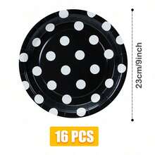 Black Background White Polka Dot Disposable Dining Plate Napkins Paper Cups, Disposable Party Supplies Set, Suitable For 16 Guests, Suitable For Birthdays, Weddings, Theme Parties, Family Picnics, Disposable Dining Plate Party Utensils - View 8