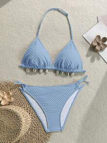 Kids Teen Girls White Spaghetti Strap Beige Textured Shell Decor Bikini Set, Summer Beach Party Vacation Backless Spaghetti Strap Triangle Swimsuit Set, Beach Swimwear Summer, Summer Beach, Holiday - Blue - View 3